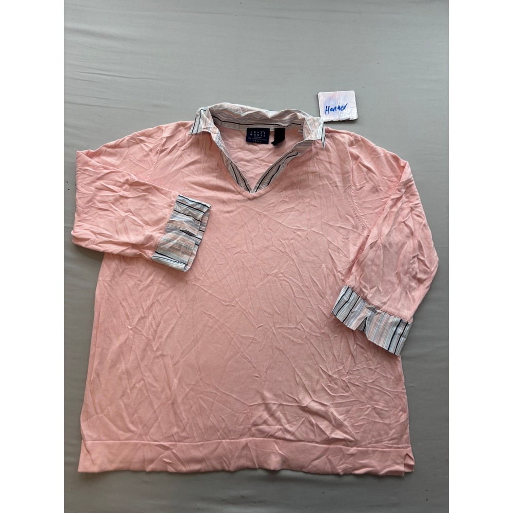 Crazy Horse Liz Claiborne Pink Layered Look Knit Top Striped Collar Cuffs Sz 2X
